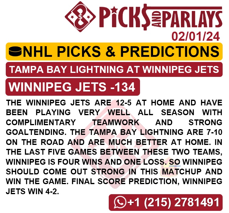 Picks and parlays VIP – 02/01/24 – NHL Picks & Predictions – cuantoAcuanto